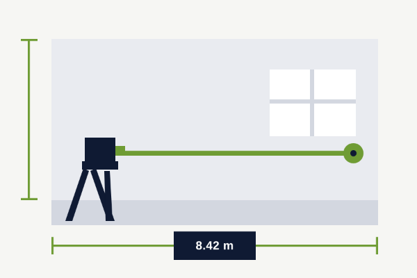 Illustration: a laser measure taking a room dimension, with the measured length recorded