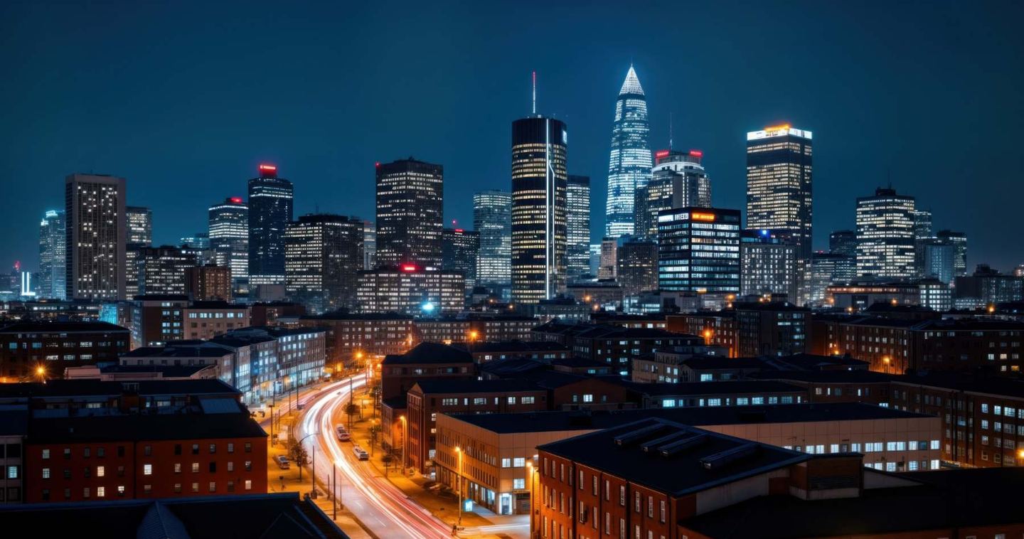The Manchester skyline at night from the east